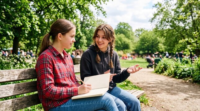 Friendship concept, two happy teen girls studying and talking on a park bench.