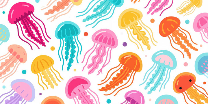 A colorful repeating pattern of various cartoon jellyfish in pastel and bright hues amidst scattered multicolored dots and simple shapes on a white background.
