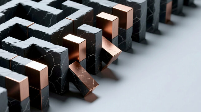 A 3D render illustrating black marble and copper maze collapsing like dominoes representing global market volatility financial risk and systemic economic crisis