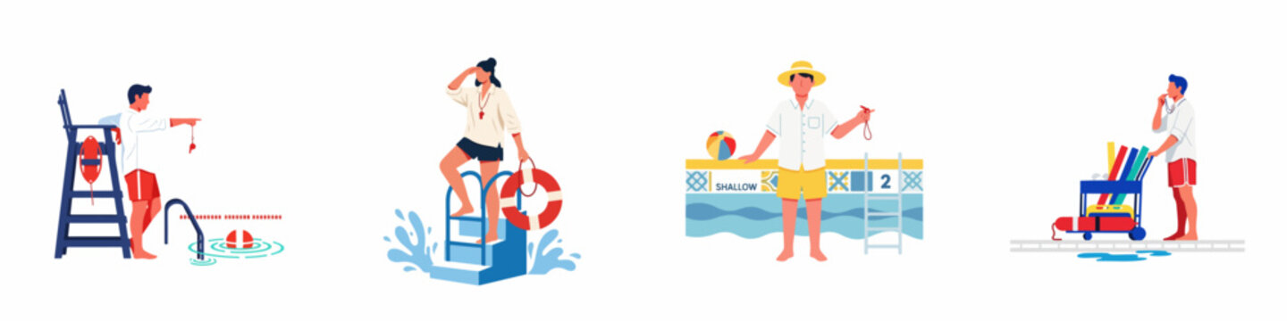Vector illustration set of professional lifeguards monitoring a swimming pool, ensuring safety with whistles, lifebuoys, and rescue equipment.