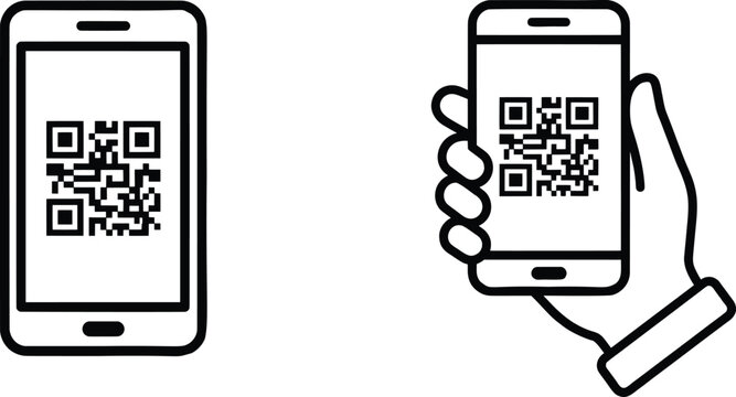 QR code scanning icons on smartphone screen, hand holding mobile phone with digital barcode, minimalist black line art vector set for payment