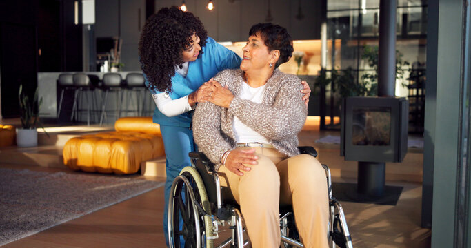 Hug, nurse and senior woman in wheelchair at retirement home for medical checkup. Comfort, rehabilitation and caregiver embracing elderly person with disability for healthcare consultation in house.