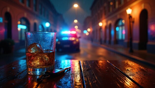 Glass of whiskey and car keys on wet table with police car lights in background on rainy city street at night. Scene suggests drunk driving danger.