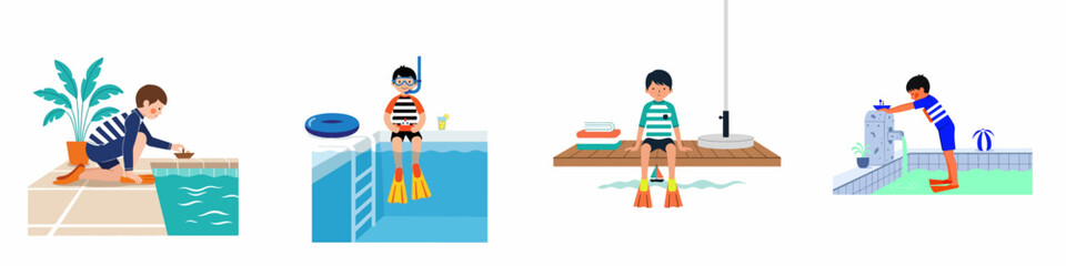 Set of flat illustrations of young boys enjoying summer activities at a swimming pool, wearing swimwear, fins, and snorkeling gear while playing with toys. © Kadal