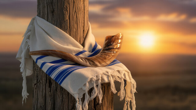 Shofar and tallit on wooden post at sunset, Jewish holiday celebration and religious spirituality