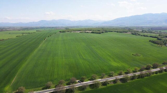 Aerial view of Upper Thracian Plain near town of Asenovgrad, Plovdiv Region,  Bulgaria