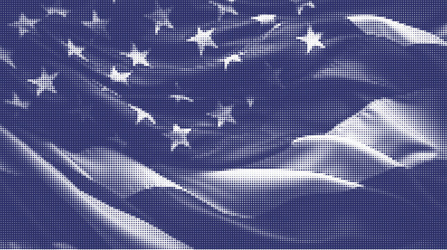 Blue and white halftone pattern of waving american flag patriotic background with stars and stripes in retro dot style usa national symbol digital illustration