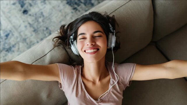 Young woman relaxes with headphones on couch. She smiles with eyes closed, arms outstretched. Soft light illuminates her peaceful expression. Cozy setting evokes calm and comfort. Perfect for wellness