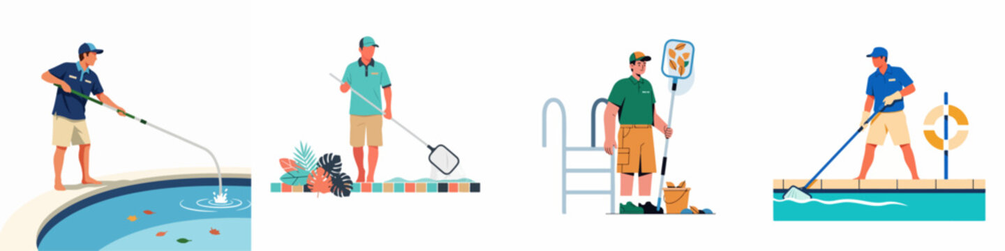Set of illustrations featuring pool maintenance workers cleaning swimming pools with various tools like nets, vacuums, and brushes in a flat design style.