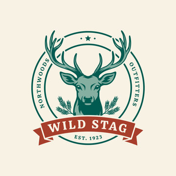 Vintage wild stag head badge emblem logo design for outdoor outfitters vector illustration