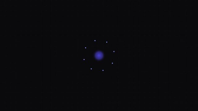 A glowing blue atom model featuring a central nucleus and orbiting electrons