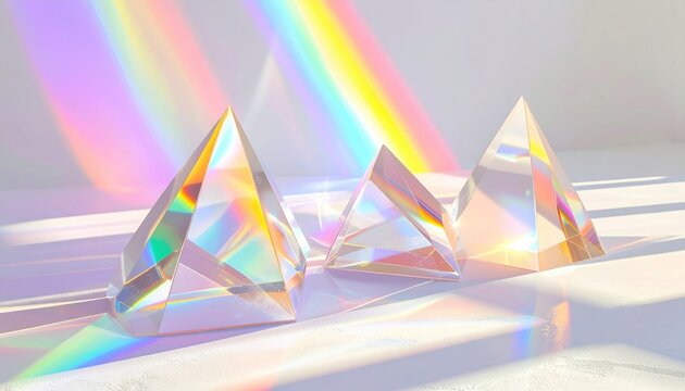 Three transparent glass prisms catching light, creating vibrant rainbow spectrum refraction patterns on a light surface