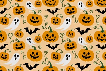 Fototapeta premium Cute halloween pattern featuring smiling orange pumpkins and white ghosts