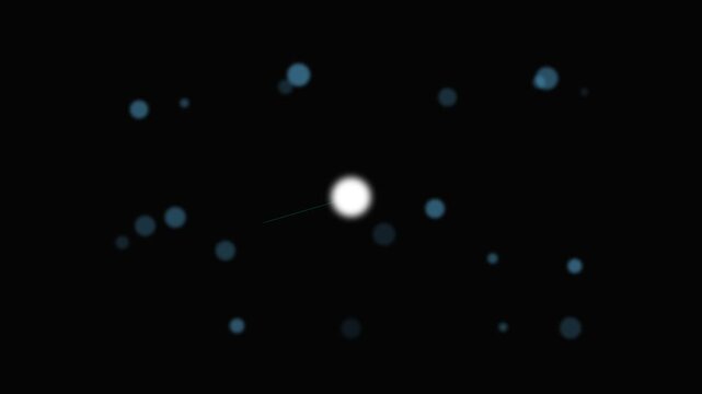 A bright white light orb surrounded by small blue dots on black background
