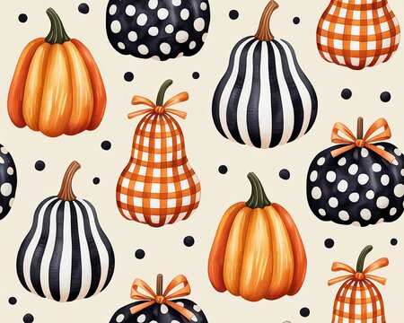 Decorative pumpkins with various patterns and orange ribbons for autumn season