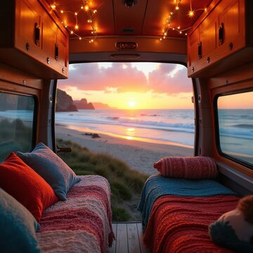 Interior view of wooden camper van at sunset near sandy beach. Cozy beds with colorful blankets face open doors looking at ocean horizon. Fairy lights hang from ceiling inside vehicle. Adventure