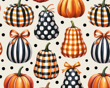 Decorative pumpkins with festive patterns and orange bows for autumn