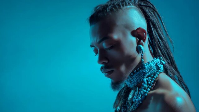 Blue-lit portrait of a stylishly groomed man in profile. He wears bold, beaded neck jewelry and dangling earrings. His hair is styled in braids with shaved sides