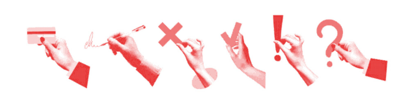 Set of hands holding various symbols including a credit card, pen, cross, check mark, exclamation point, and question mark