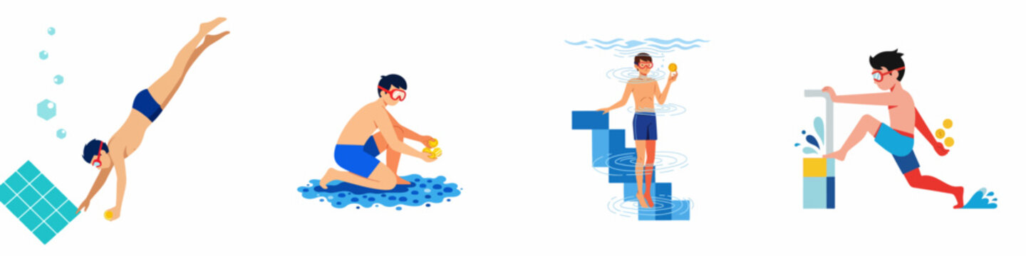Set of illustrations showing a boy diving and searching for gold coins in a swimming pool, conceptualizing financial success and leisure.