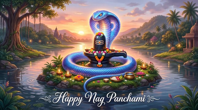 Happy Nag Panchami Vector Banner: Lord Shiva Lingam on River Island with Sacred Cobra Snake, Diya Lamps, Puja Offerings, and Beautiful Temple Landscape Sunset Background