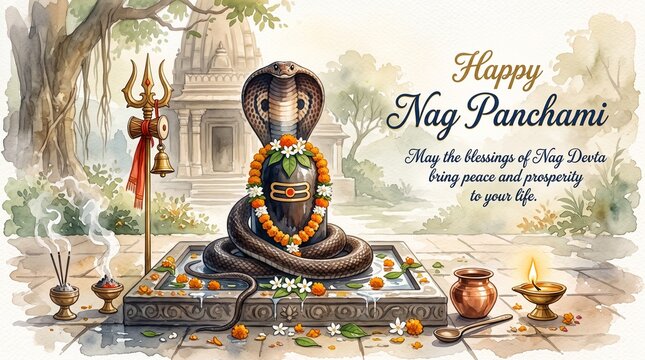 Happy Nag Panchami Watercolor Vector Banner: Lord Shiva Lingam with Sacred Cobra Snake, Trishul, Trishula with Damru Bell, Diya Lamp, and Traditional Temple Background