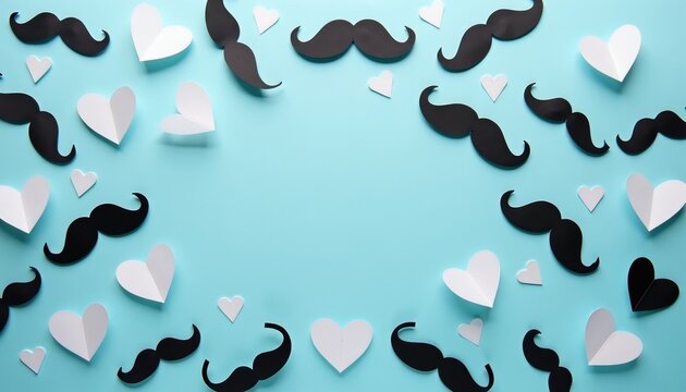 Paper cut black mustaches, white hearts on light blue background. Festive design for Father Day greeting card holiday invitation. Flat lay pattern with masculine facial hair symbols, love shapes for