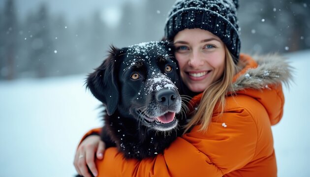 Woman hugs black dog in snow falling at ski resort. Couple enjoys winter vacation, cold weather, outdoor fun with furry pet. Companionship, love, happiness.