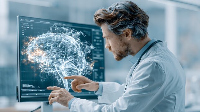 Diagnostic Scan radiologist and AI diagnostic system working together, doctor reviewing AI-enhanced medical scan on large monitor, highlighted anomaly detection overlay, hospital radiology department,