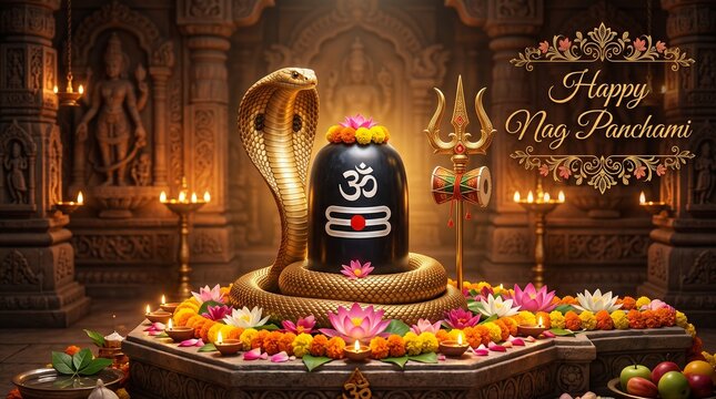 Happy Nag Panchami Greeting Card Vector: Lord Shiva Lingam with Golden Cobra Snake, Golden Trishul, Damru, Diya Lamps, and Traditional Hindu Temple Interior Background