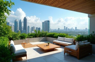 Fototapeta premium Modern rooftop garden terrace overlooking city skyline with high rise skyscrapers. Elegant wood furniture sofas white cushions green plants surrounding outdoor lounge space. Sunny day bright blue sky