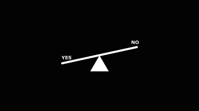 Balance scale with yes and no options weighing pros and cons on black background.