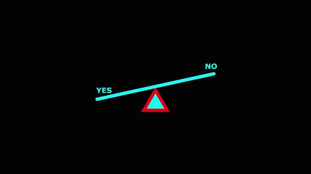 Weighing pros and cons with a see-saw balance scale with yes and no signs on black background.