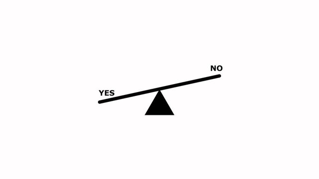 Balance scale with Y E S and N O on either side tipping towards N O decision making concept in black and white.