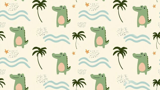 Repeating seamless nursery wallpaper pattern on cream backdrop, cute vertical green crocodiles with pink bellies, curved palm trees, horizontal light blue wave lines, scattered orange stars and grey s