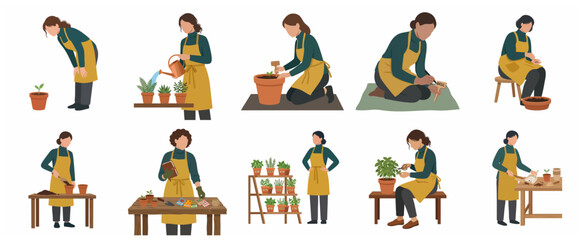 Fototapeta premium Flat vector illustration set of women gardening, planting, watering, and caring for potted plants