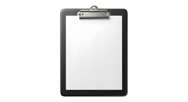 Blank black clipboard with paper isolated on white background