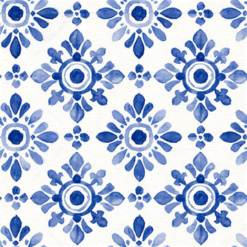Seamless Portuguese azulejo tile pattern, hand-painted indigo blue and white watercolor ceramic, Mediterranean geometric floral ornament