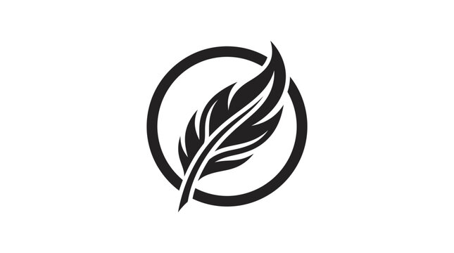 Minimalist feather quill icon inside circular border logo.