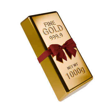 Gold Bar Bullion with Red Ribbon Gift Bow 1000g Ingot 3D Render Illustration