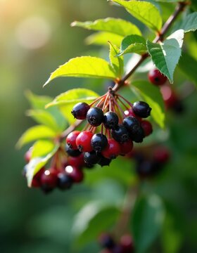 Ripe purple amelanchier berries hang on bush branch in garden. Juicy saskatoon fruit grows among green leaves during summer season. Small sweet organic food harvest thrives under bright natural