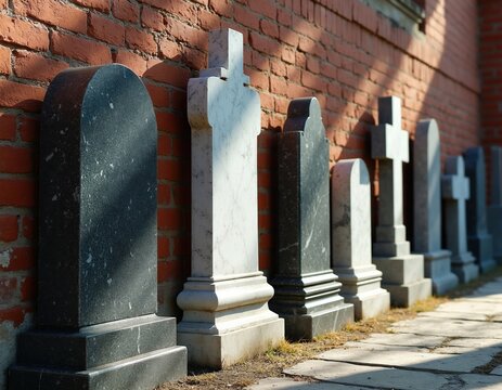 Old marble gravestones stand in row against rustic red brick wall. Grey stone monuments rest on ground along masonry exterior. Historical burial site markers lean near architecture. Ancient cemetery