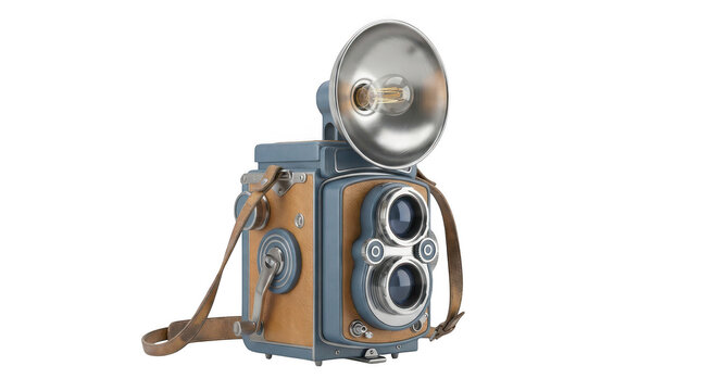 Vintage twin lens reflex camera with flash. Retro medium format photography equipment isolated on white