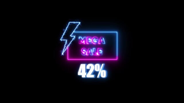 Neon mega sale 42 percent off sign with lightning bolt animation for e-commerce marketing