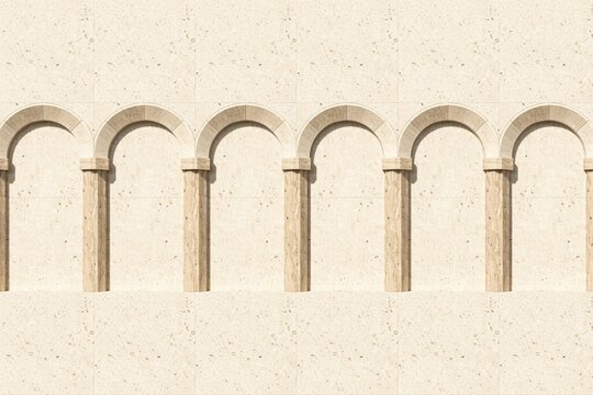 A repeating architectural wall pattern featuring a series of beige stone arches supported by smooth pillars against a light cream speckled wall
