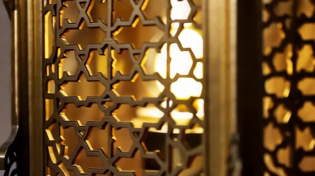 Slow zoom into a glowing brass Ramadan lantern with geometric patterns