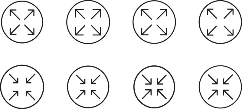 Expand and collapse screen icon set with fullscreen and minimize arrows in circular outline style.