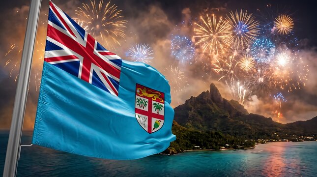 Fiji flag waving against colorful fireworks over a tropical coastal mountain landscape during night celebration