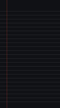 Vertical dark mode lined paper drawing animation black background, animated neon notebook page mobile writing