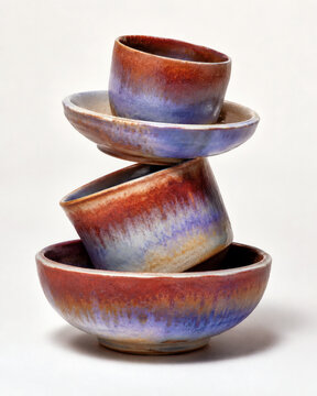 Balanced stack of handmade ceramic cups and bowls with reactive glaze